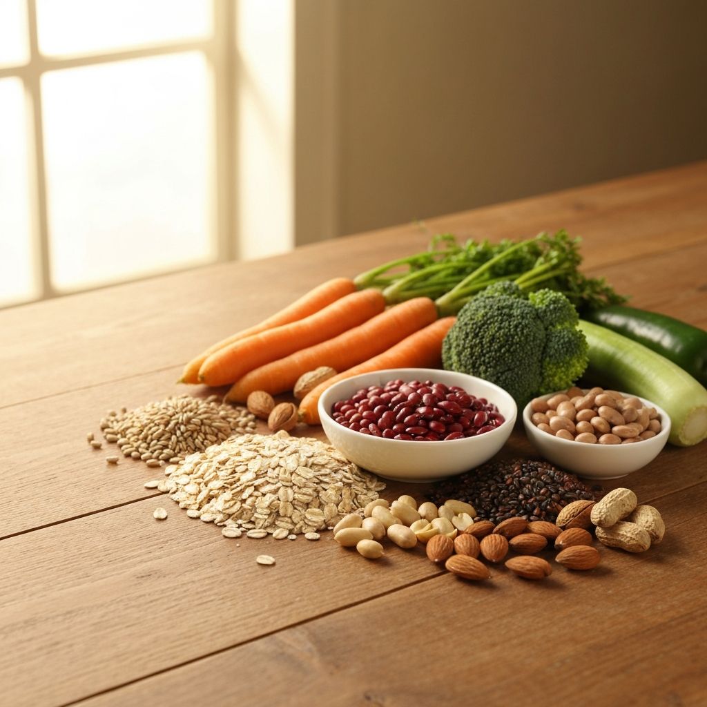 Whole food sources arranged on wooden table